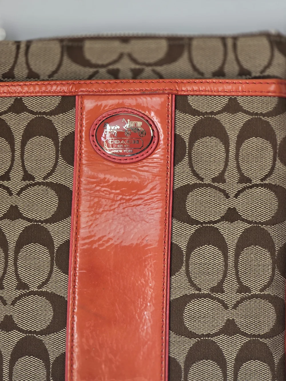 Coach Brown Signature Canvas Crossbody with Coral Trim and Matching Wallet